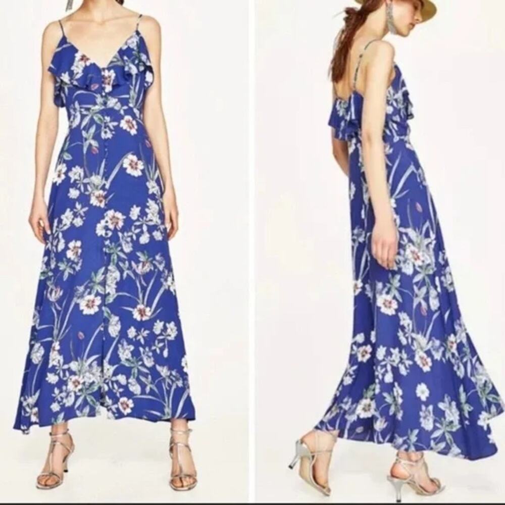 Zara Blue Floral Spaghetti Strap Button Front Ruffle Detail Maxi Dress - s